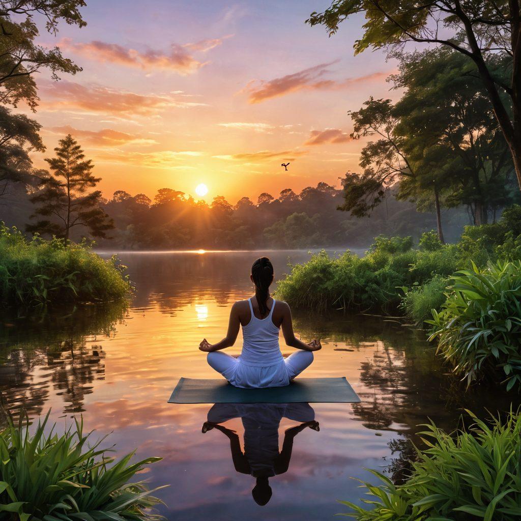 A serene scene depicting a person in the Antravasana posture, surrounded by a tranquil nature setting with lush greenery and a soft sunset glow. The figure exudes calmness and bliss, embodying peace as they meditate on a yoga mat. Include gentle waves in a nearby lake reflecting the sunset, and birds soaring in the sky. The atmosphere should be filled with warmth and harmony. super-realistic. vibrant colors. peaceful ambiance.